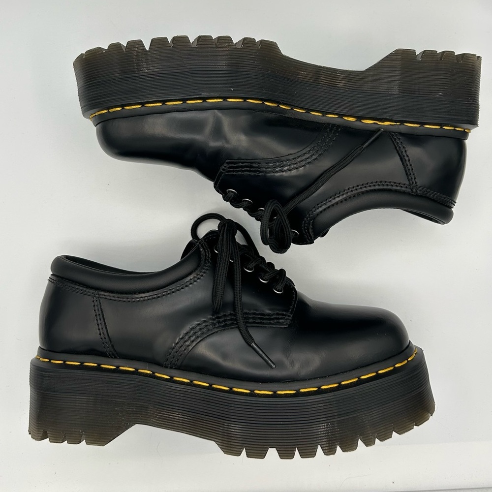 Dr. Martens Black Leather Platform Shoes with Yellow Stitching - Picture 3 of 9